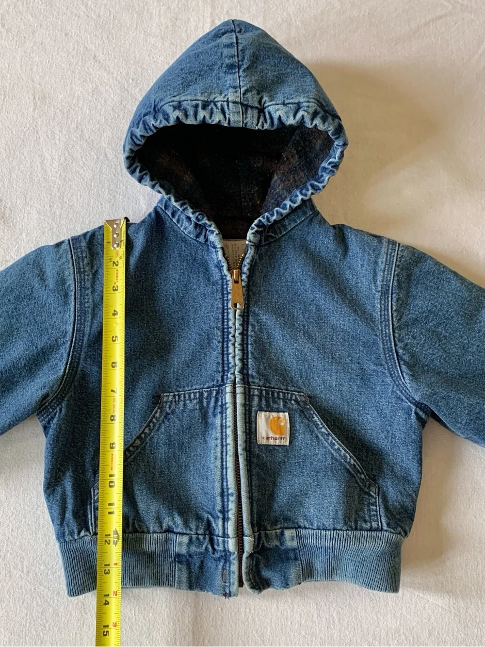 Carhartt Vintage Blanket Lined Blue Jean Denim Kid’s Hooded Jacket Chore Coat 3T